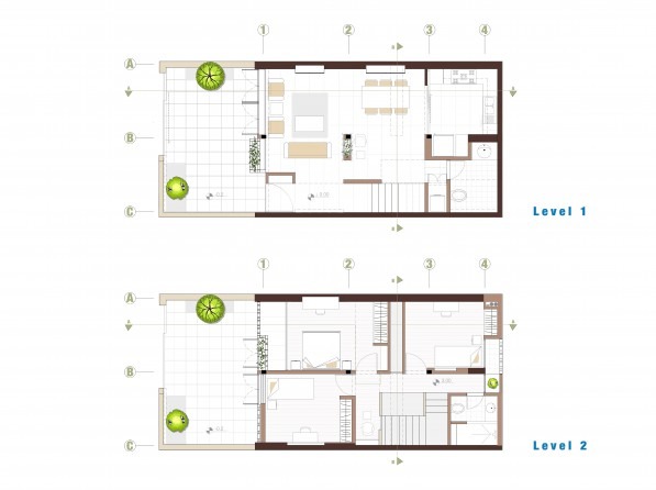 پلانِ طبقه‌ی اول (همکف) و طبقه‌ی دوم: اتاق‌های موجود گردِ حیاطِ داخلیِ کوچک بازآرایی شده‌اند، اتاق‌خواب‌ها بر فرازِ نشیمن و آشپزخانه نشسته‌اند.