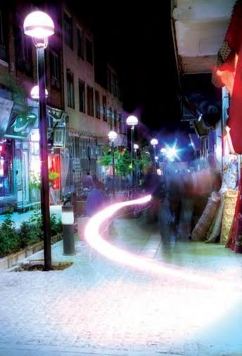 Night photograph of the bazaar with new low and medium light fixtures