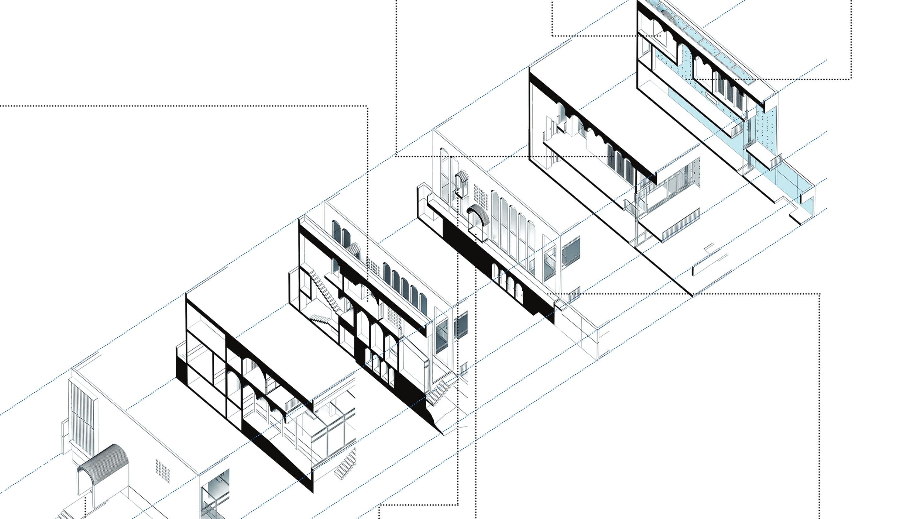 Exploded axonometric of the whole house along the madi axis