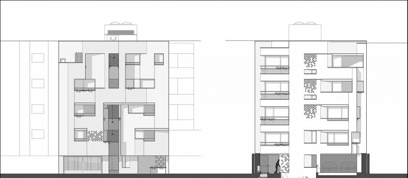 Malek Residential Building — facade detail of the brick coursing and the dark window frames