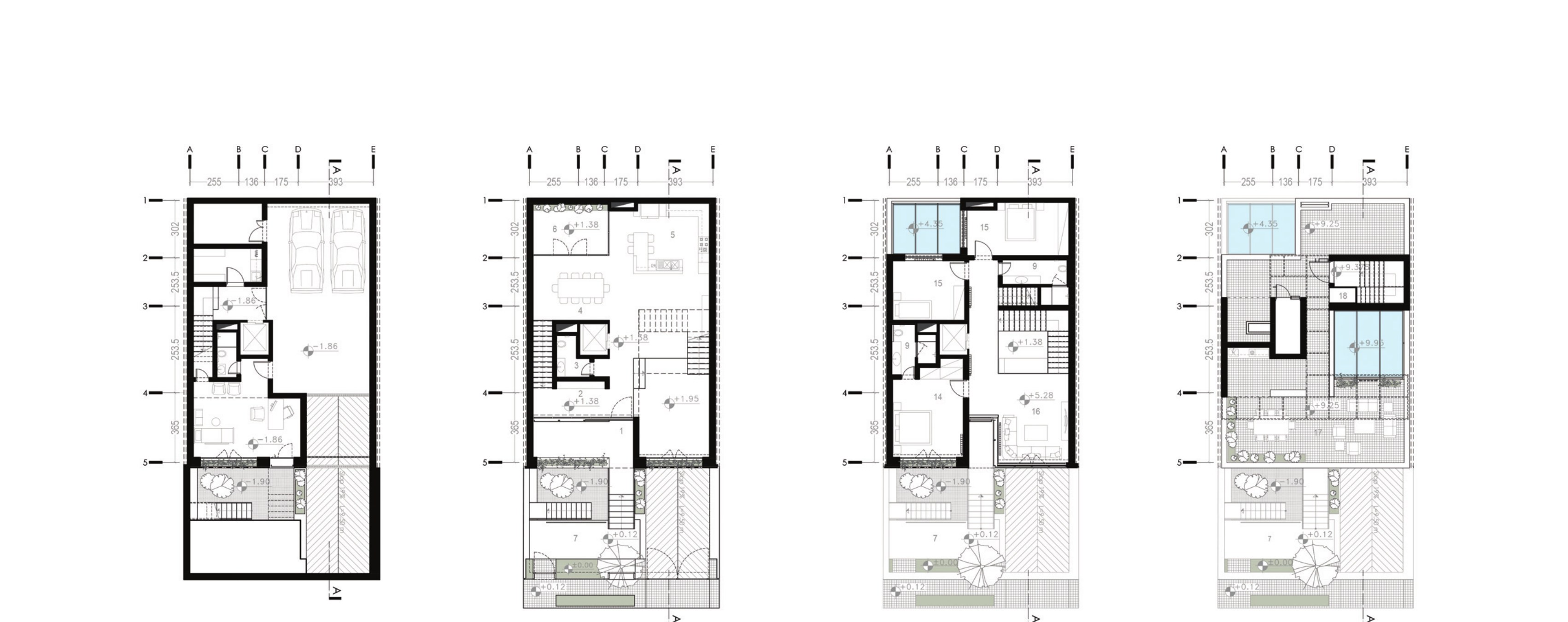 Four floor plans — basement, ground, first floor, roof