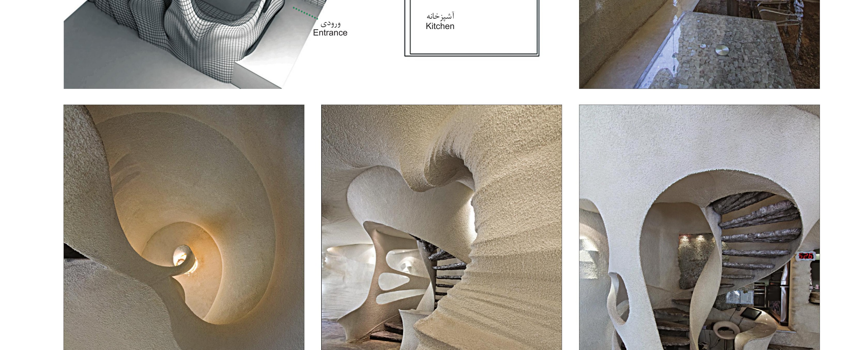 Salt-cavern interior with carved walls, spiral stair shell and seated visitors