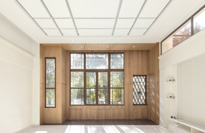 Built-in cabinetry along an interior unit
