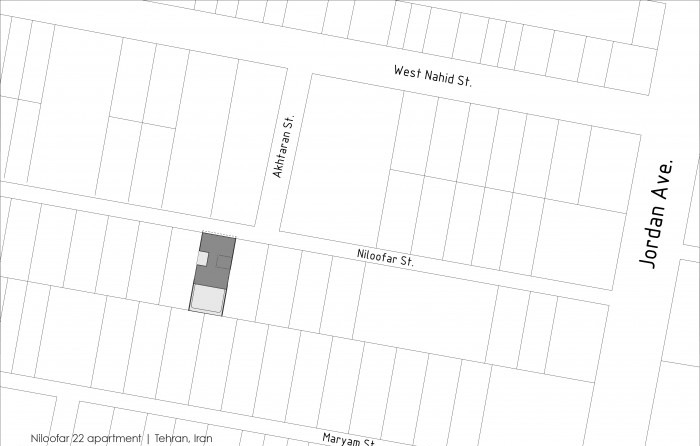 Site plan showing the Niloofar 22 building in its block between Niloofar Street, Akhtaran Street and Jordan Avenue