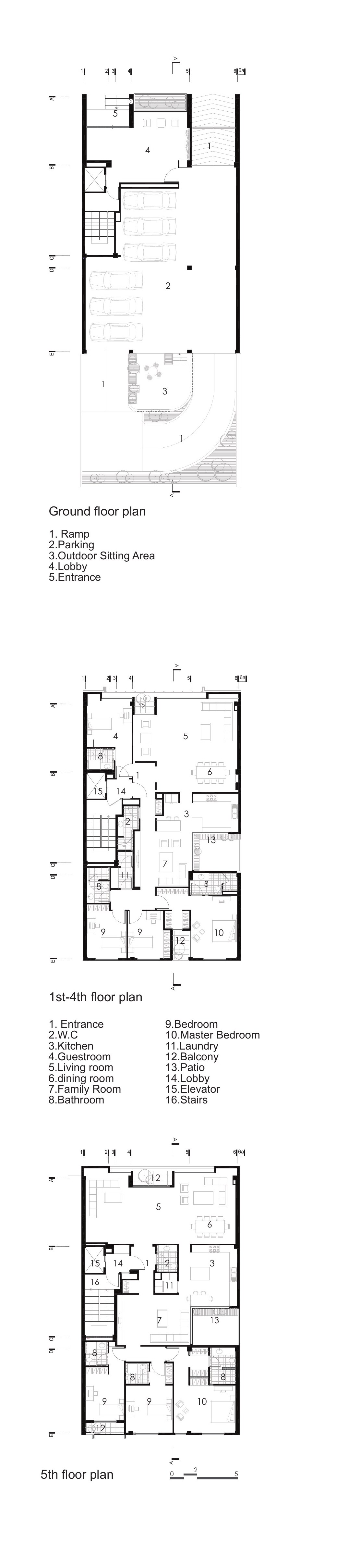 Ground, typical and 5th floor plans