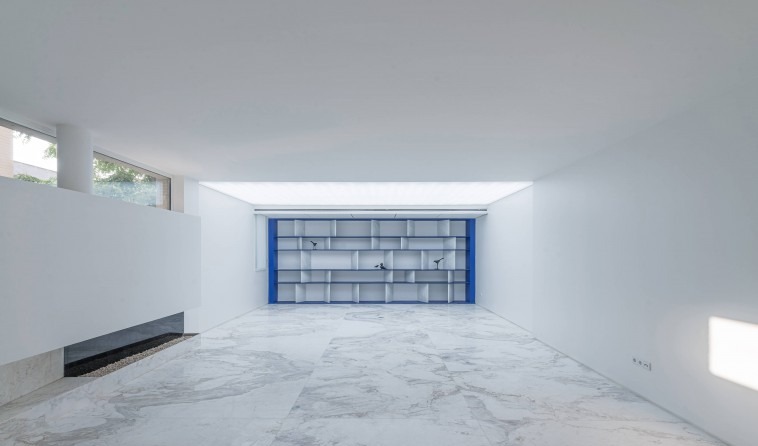 Living space with blue shelving niche