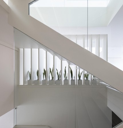 Stair landing with planters and overhead skylight