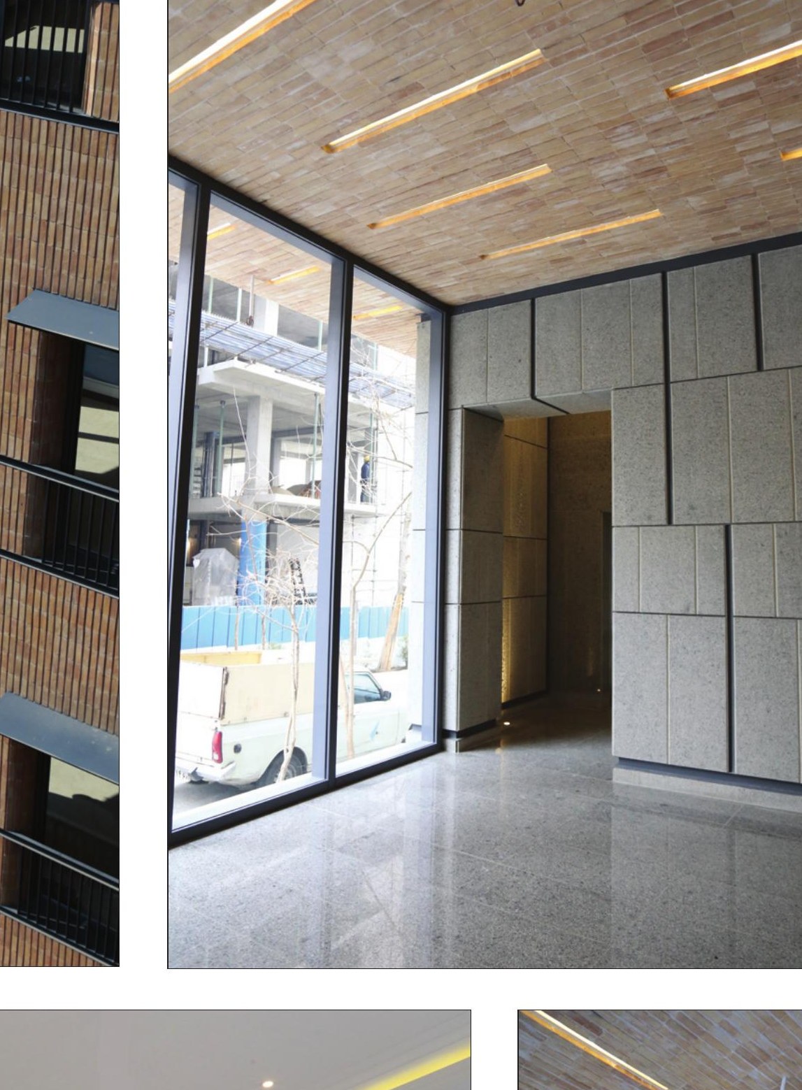 Lobby with wood-strip ceiling