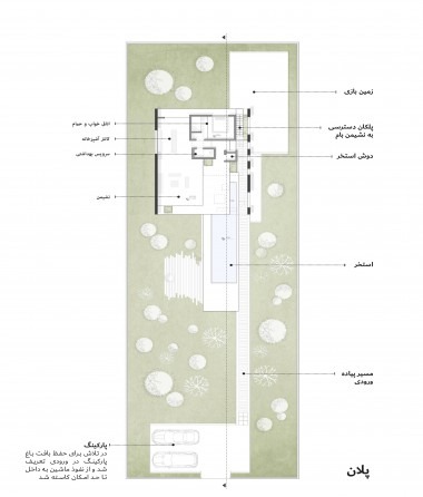 Floor plan: the master bedroom and bathroom and the service core hold the closed side at the west, while the living spac