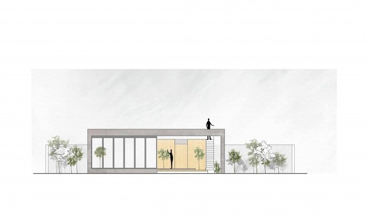 Short elevation of the east face: the heavy concrete frame is cut to reveal a wood-clad insert and a tall opening, while