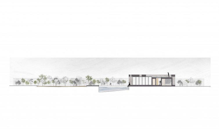Long section through the pool and the main space: the box is occupied at one end, while the pool slips beneath the slab 