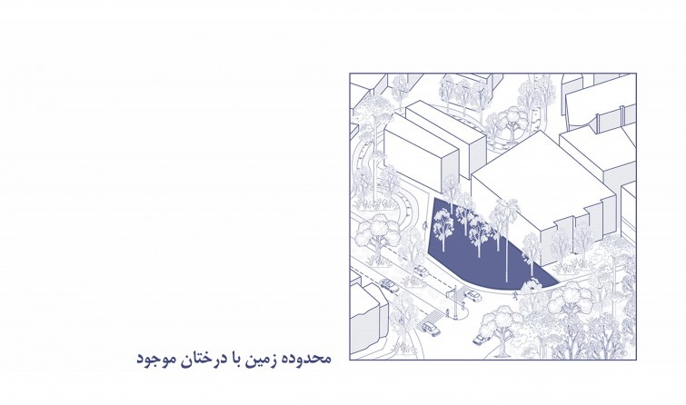 گام اول فرایند طراحی: محدوده زمین با تمام درختان موجود.