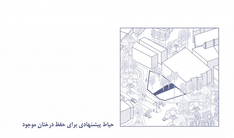 گام سوم: حیاط پیشنهادیِ گسترده‌تر برای حفظ درختان موجود.
