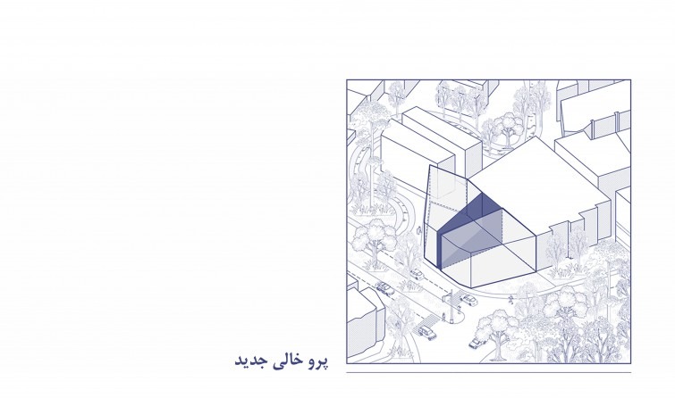 گام چهارم: پر و خالیِ جدید، که حول حیاط پیشنهادی شکل می‌گیرد.