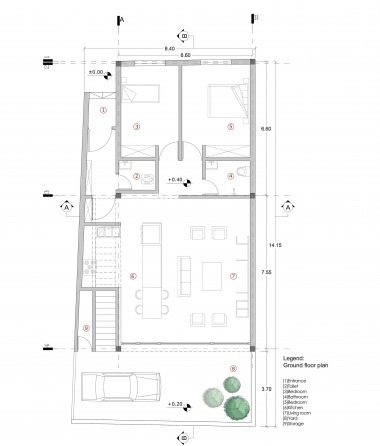 Ground floor plan showing entrance, two bedrooms, bathroom, kitchen strip, living-reception under the vault, storage and parking