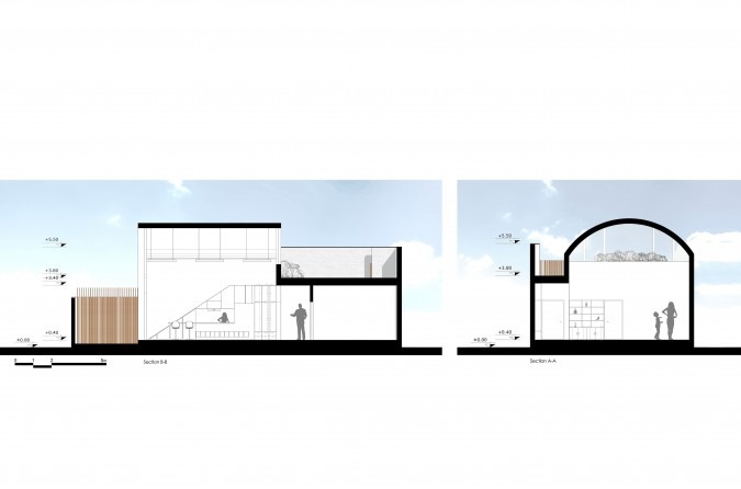 Two cross sections — Section B-B showing the entrance stair and split-level relationship, Section A-A showing the single large vault over the public spaces