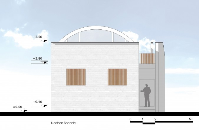 Northern facade drawing showing the vault rising behind the flat-roofed bedroom mass with two punched window openings