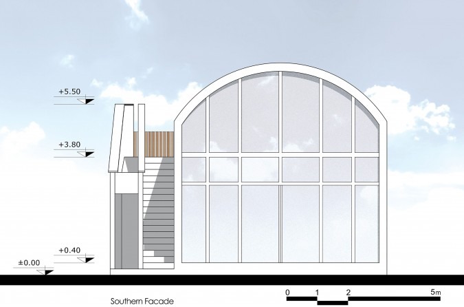 Southern facade drawing showing the large arched glass wall — the vault opened entirely to the south