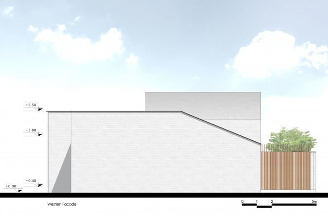 Western facade drawing showing the stepped form with the roof courtyard balustrade at the upper level