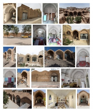 Photo collage of seventeen historic vaulted spaces in Najafabad — alleys, interiors, courtyards, mosques and old houses with cheshmeh vault construction